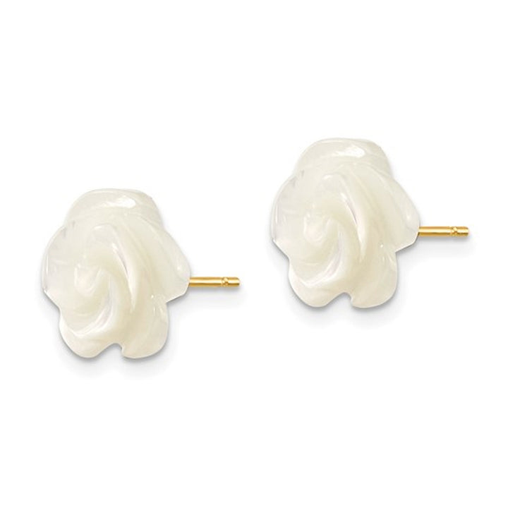 White Mother of Pearl Flower Earrings in 14K Yellow Gold Image 2