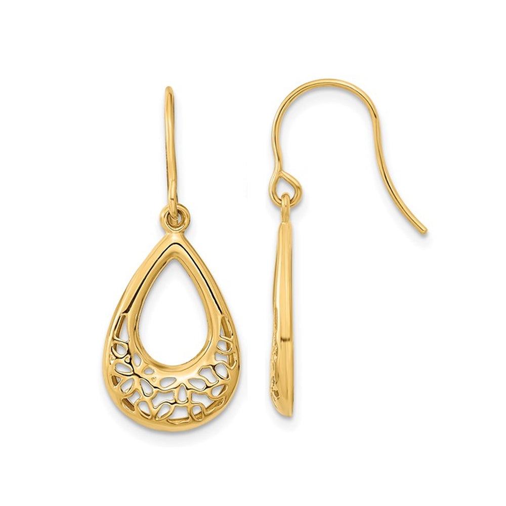 14K Yellow Gold Polished Floral Teardrop Shepherd Hook Earrings Image 1