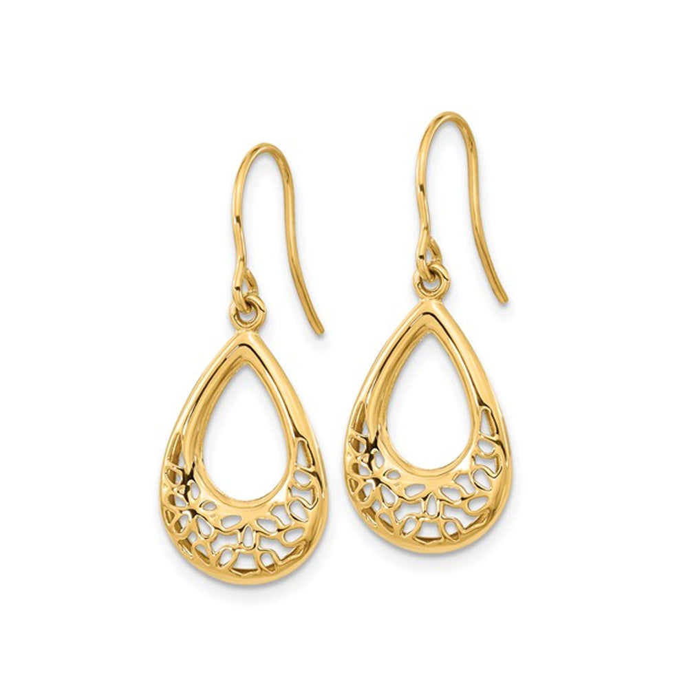 14K Yellow Gold Polished Floral Teardrop Shepherd Hook Earrings Image 2