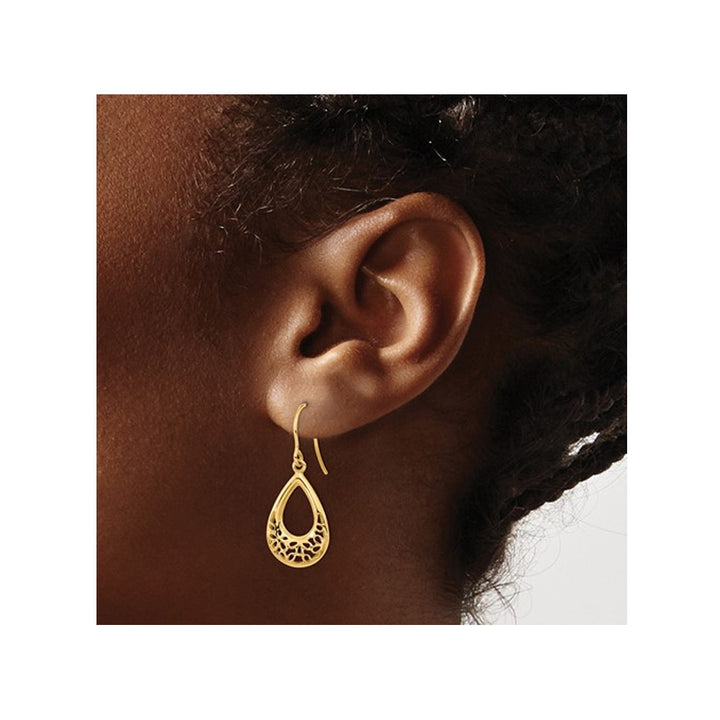 14K Yellow Gold Polished Floral Teardrop Shepherd Hook Earrings Image 3