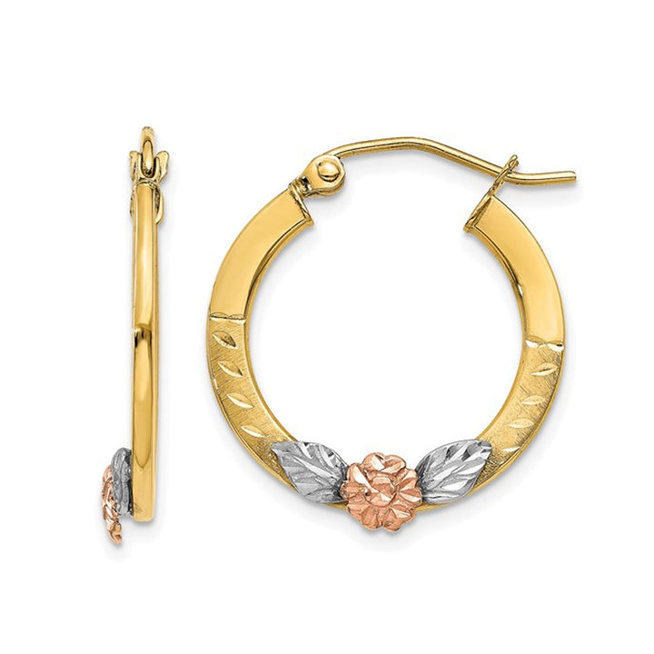 14K Yellow and Rose Pink Gold Flower Hoop Earrings Image 1