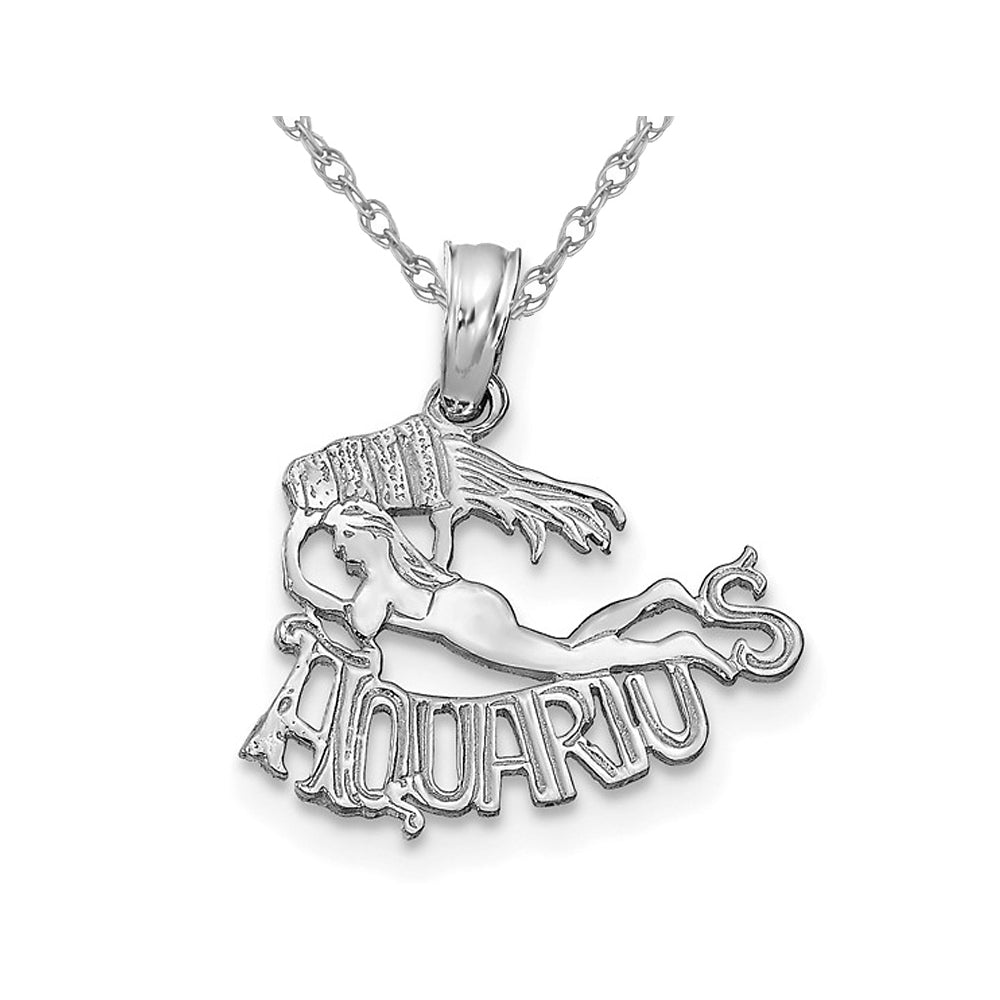 14K White Gold Aquarius Charm Astrology Zodiac Pendant Necklace with Chain Image 1