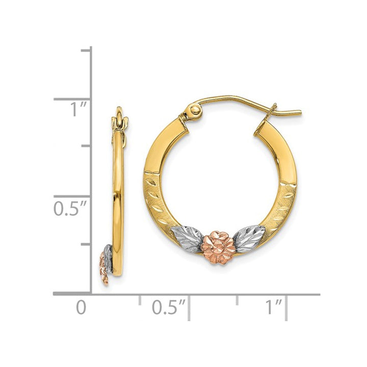 14K Yellow and Rose Pink Gold Flower Hoop Earrings Image 4