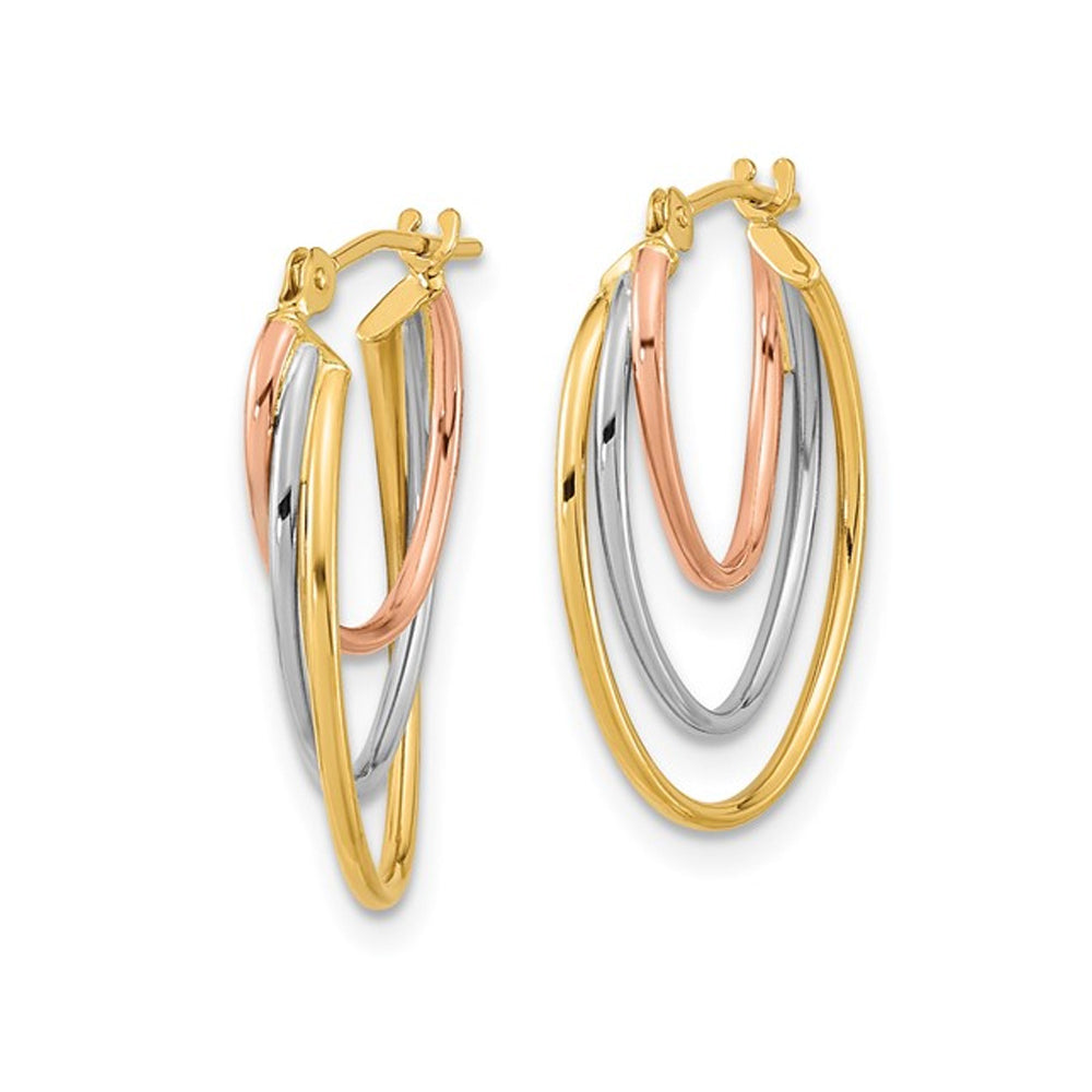 14K YellowWhite and Pink Gold Triple Hoop Earrings Image 2