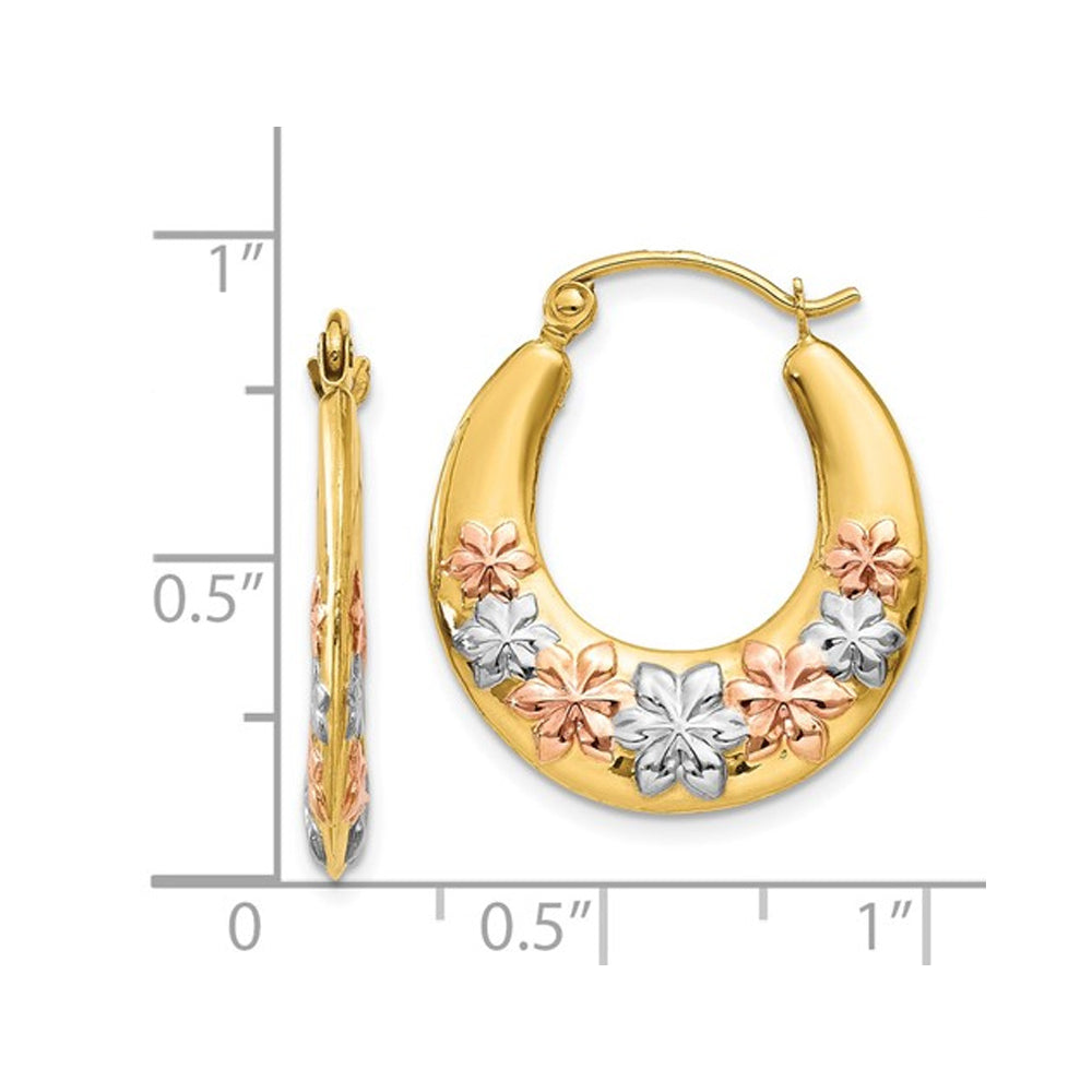 14K Yellow White and Pink Gold Flower Hoop Earrings Image 4