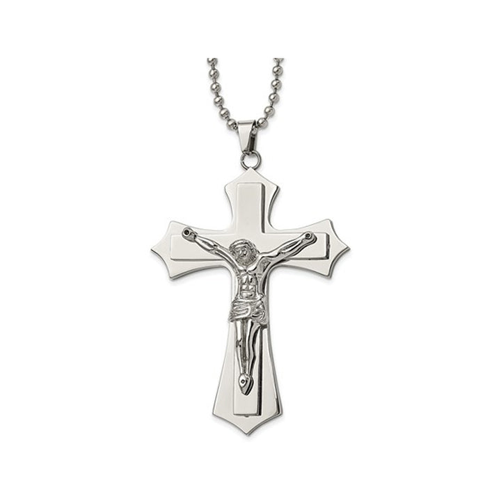 Mens Stainless Steel Large Crucifix Pendant Necklace with Chain (22 Inches) Image 1