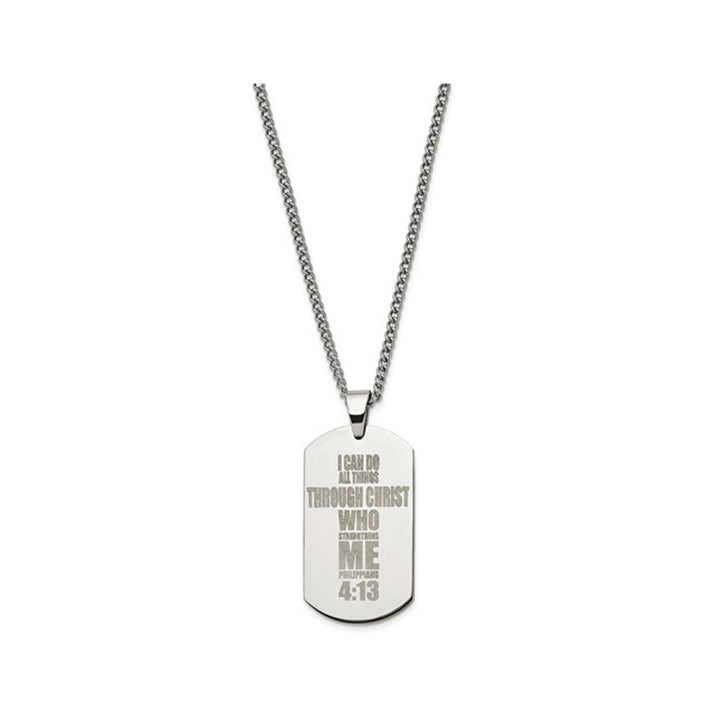 Mens Stainless Steel Lasered Philippians 4:13 Dog Tag Pendant with Chain (24 Inches) Image 2