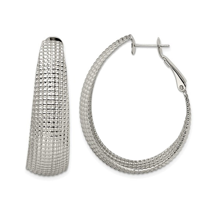 Stainless Steel Textured Oval Omega Hoop Earrings Image 1