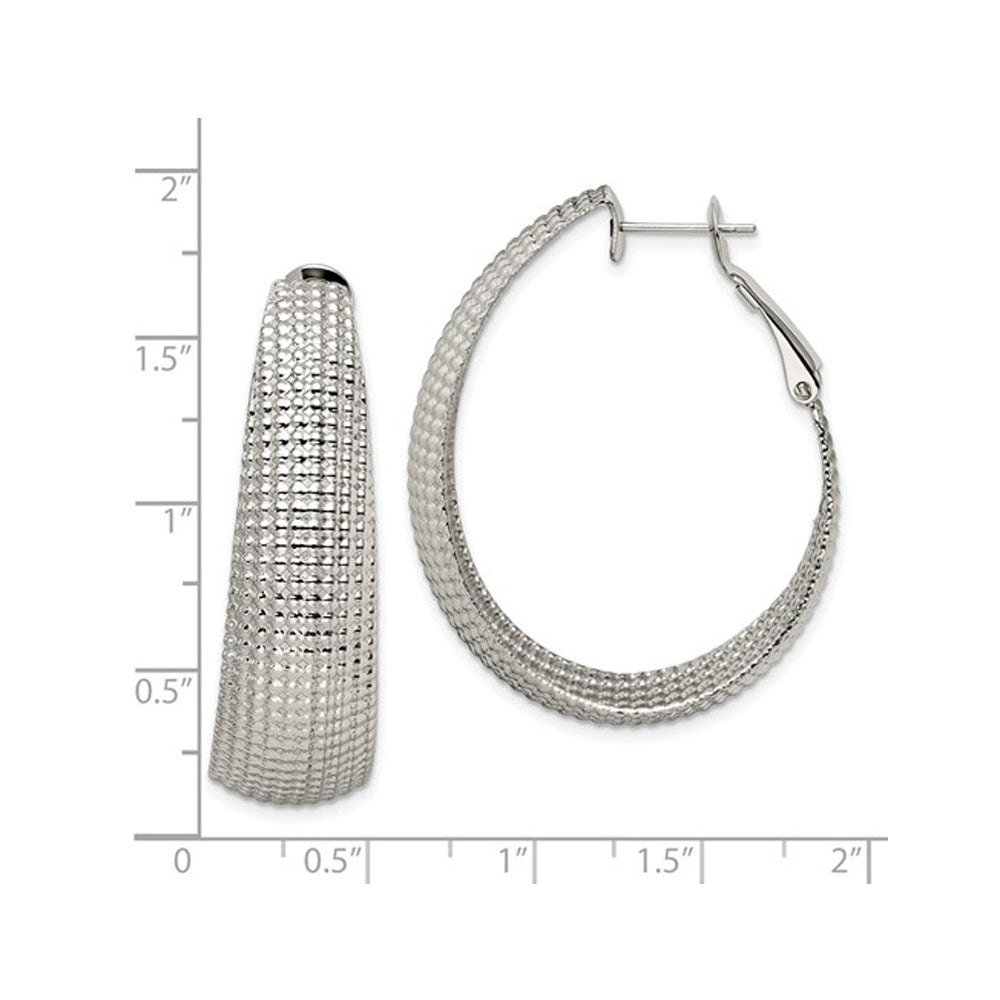 Stainless Steel Textured Oval Omega Hoop Earrings Image 2