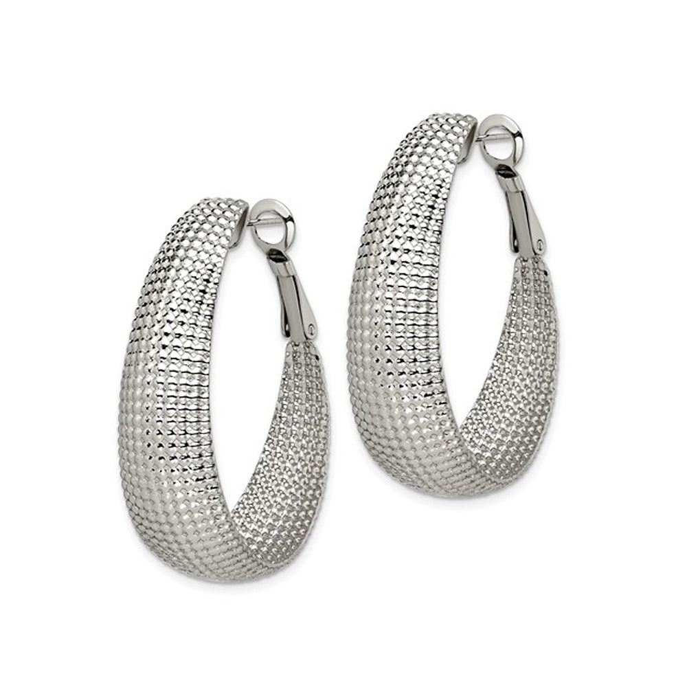 Stainless Steel Textured Oval Omega Hoop Earrings Image 4