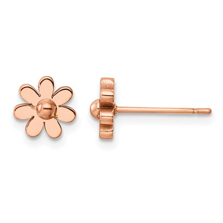 Rose Plated Stainless Steel Polished Flower Button Earrings Image 1