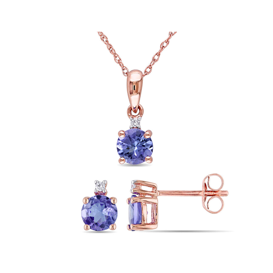 1.60 Carat (ctw) Solitaire Tanzanite Pendant and Earrings Set in 10K Rose Pink Gold with Accent Diamonds Image 1