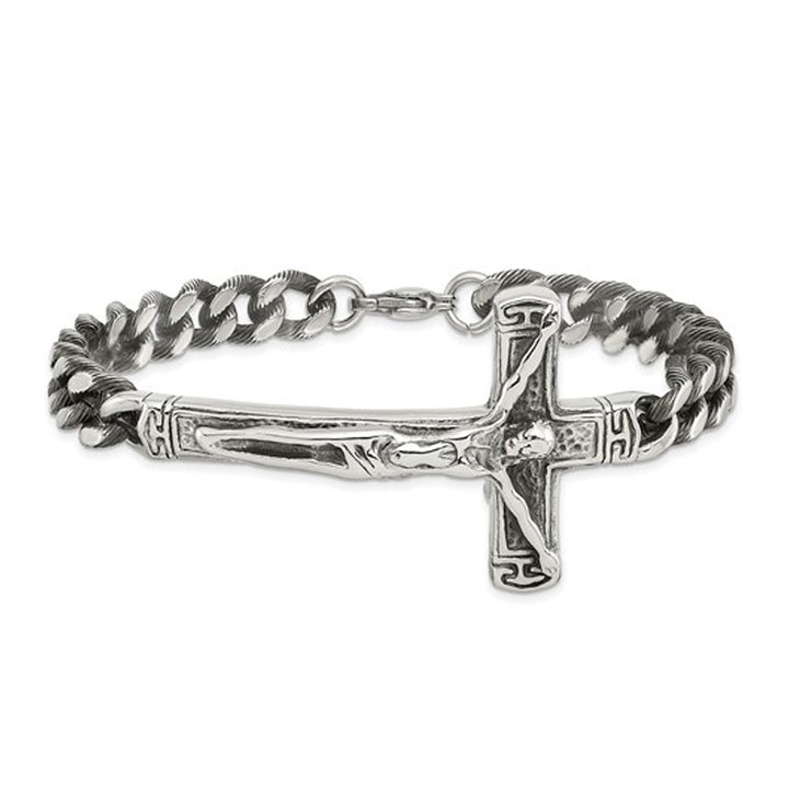 Mens Stainless Steel Antiqued Cross Bracelet (8.75 Inches) Image 1