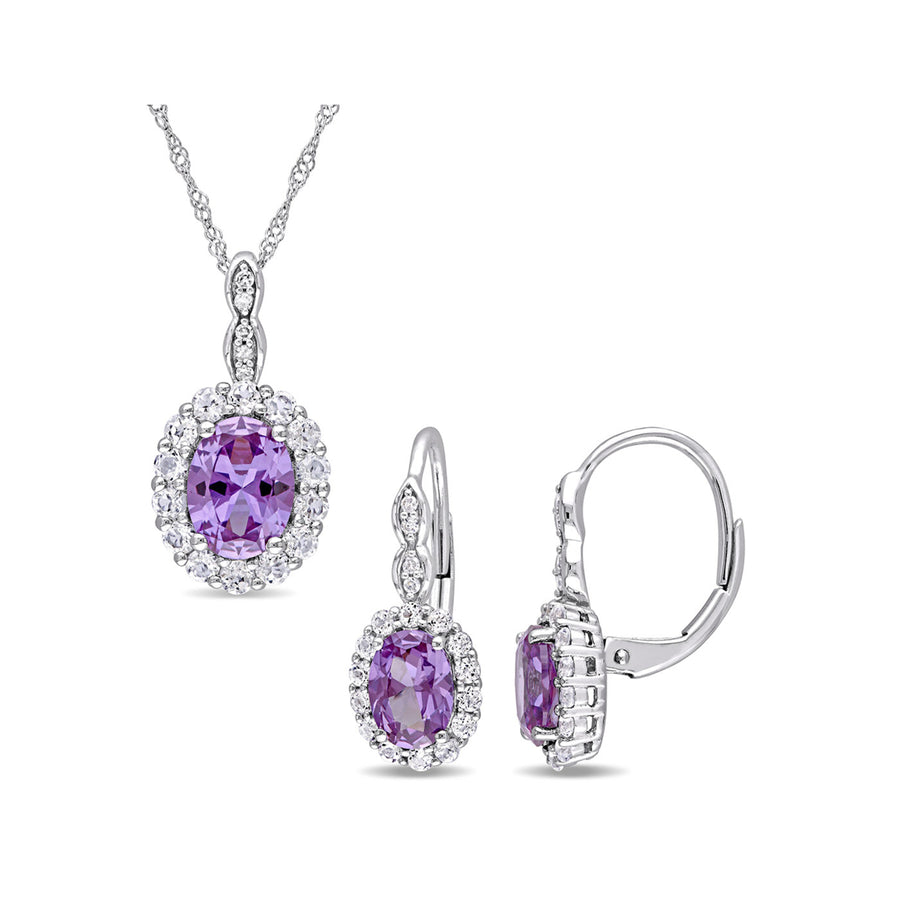 4.40 Carat (ctw) Lab-Created Alexandrite and White Topaz Halo Earrings and Pendant Set in 14K White Gold Image 1