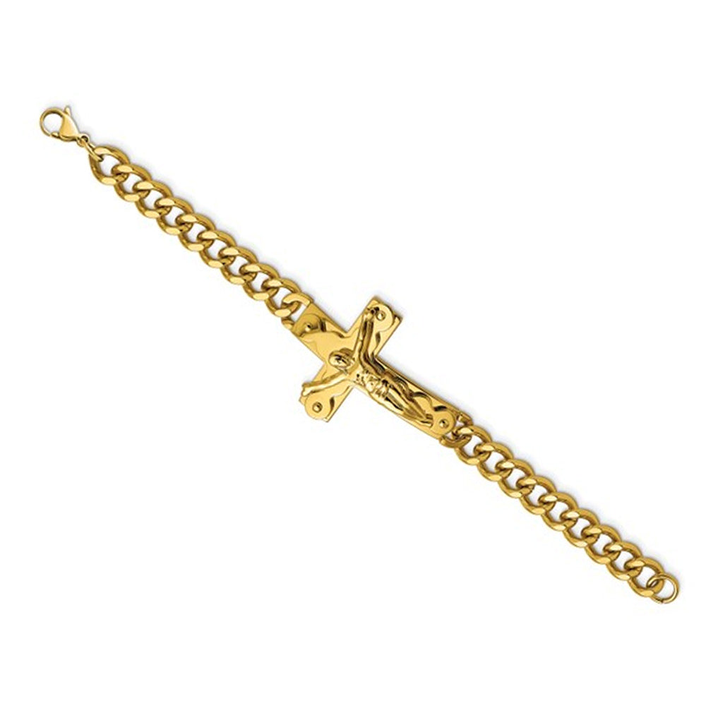 Mens Stainless Steel Yellow Plated Cross Bracelet (8.25 Inches) Image 3