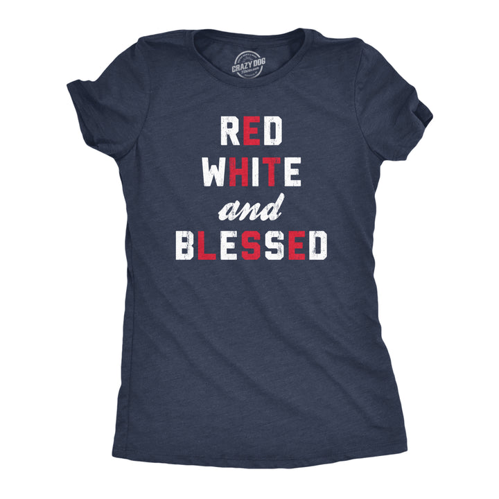 Womens Red White And Blessed T Shirt Funny Fourth Of July Party Text Tee For Ladies Image 1