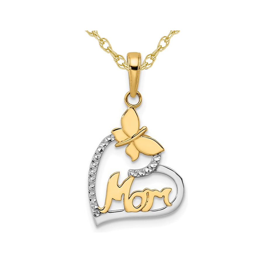 MOM Heart with Butterfly Pendant Necklace in 14K Yellow Gold with Chain Image 1