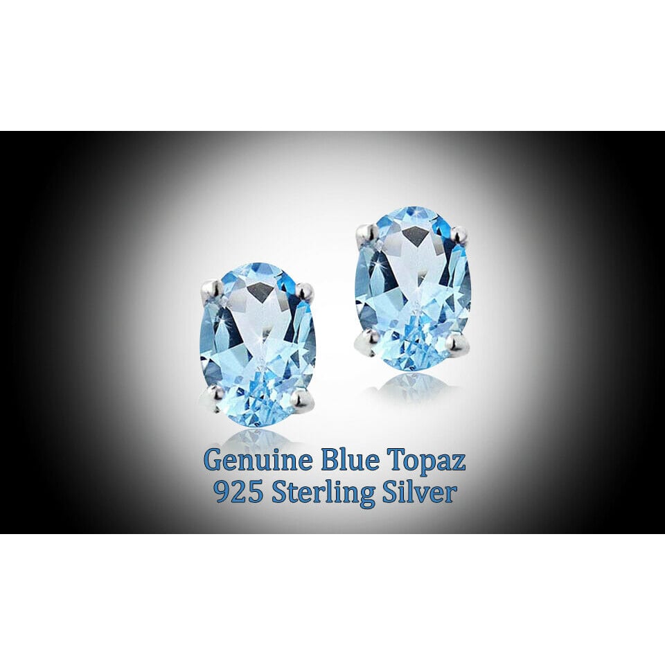 STERLING SILVER GENUINE LONDON BLUE TOPAZ 5X7 OVAL STUD EARRINGS Image 1