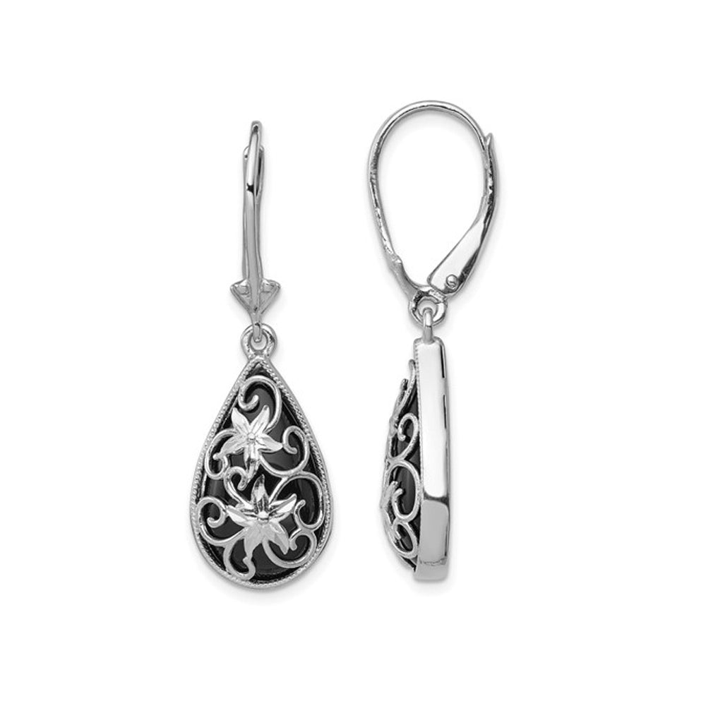 Black Onyx Drop Flower Earrings in Sterling Silver Image 1
