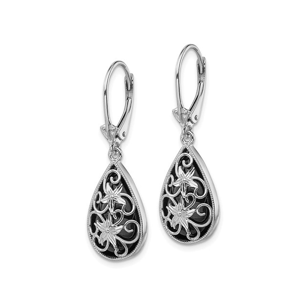 Black Onyx Drop Flower Earrings in Sterling Silver Image 2