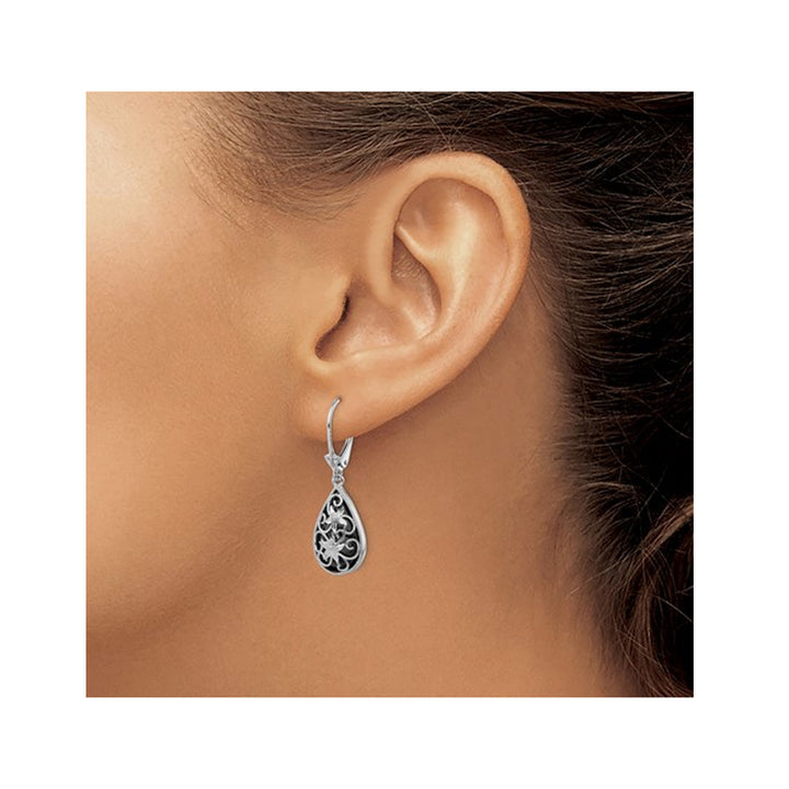 Black Onyx Drop Flower Earrings in Sterling Silver Image 3