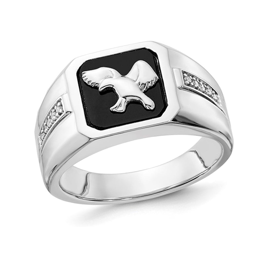 Mens Black Onyx Eagle Ring in 10K White Gold Image 1