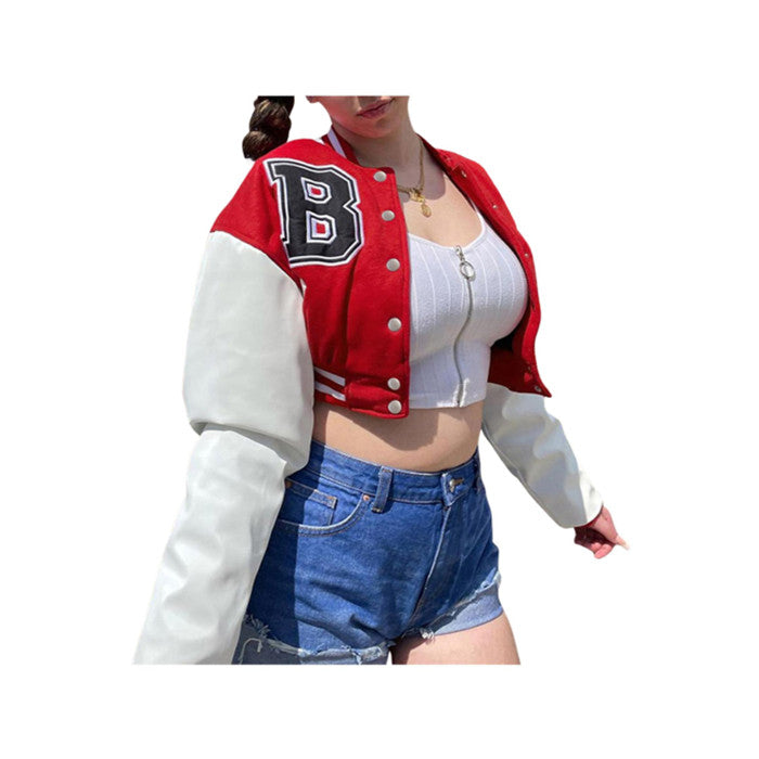 Women Varsity Jacket Cropped Baseball Jacket Bomber Coats Fashion Streetwear Image 2