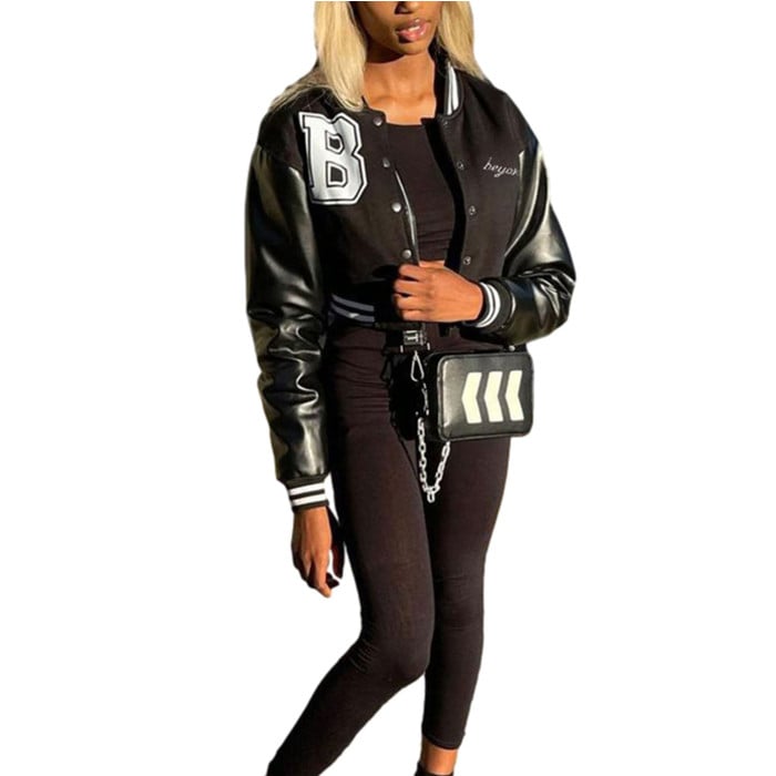 Women Varsity Jacket Cropped Baseball Jacket Bomber Coats Fashion Streetwear Image 6