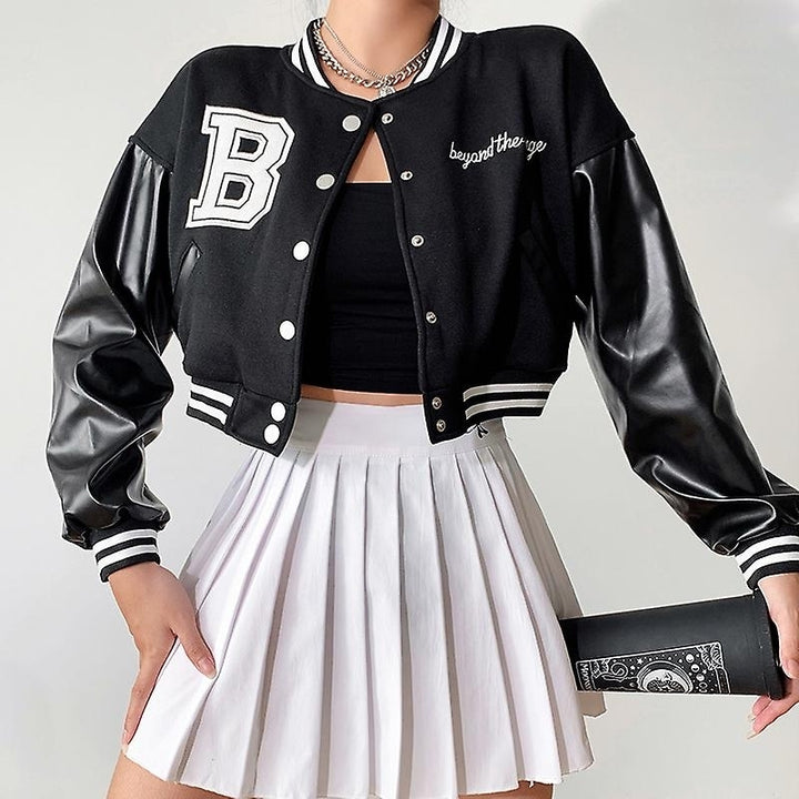 Women Varsity Jacket Cropped Baseball Jacket Bomber Coats Fashion Streetwear Image 7