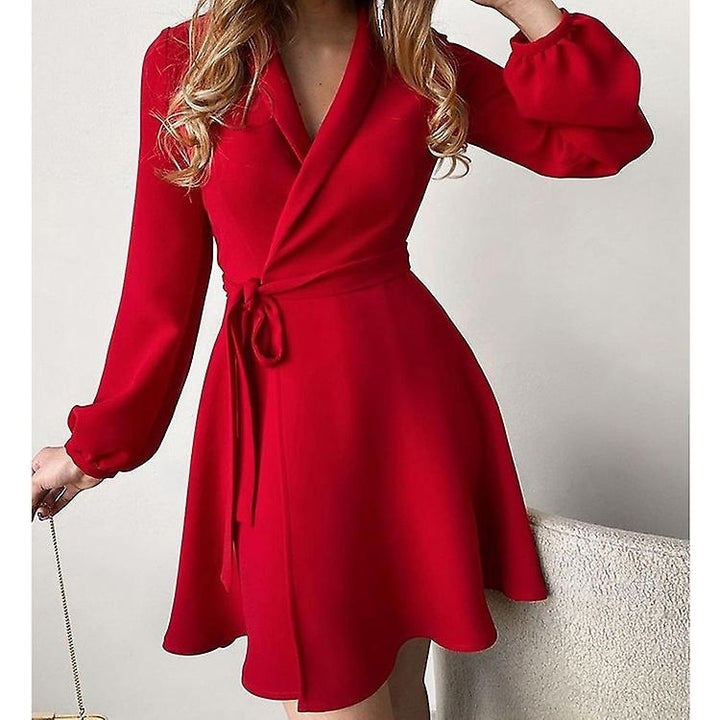 Women V Neck Lapel Dress Long Sleeve Belt Mini Dress Elegant Casual A Line Work Wear Image 4