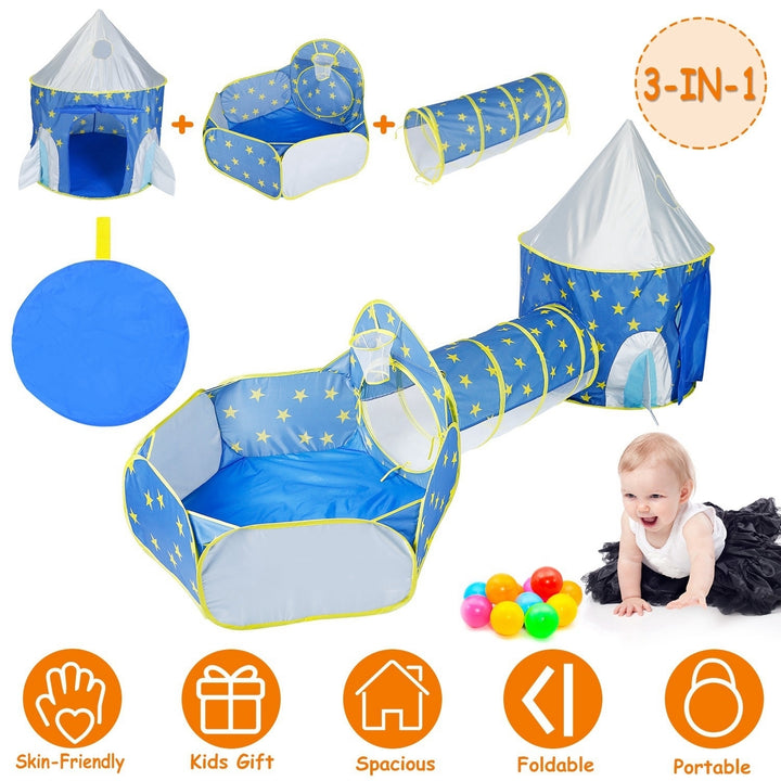 3 in 1 Kids Play Tent Crawl Tunnel Ball Pit Set Foldable Pink Blue 1-3 Years Image 1