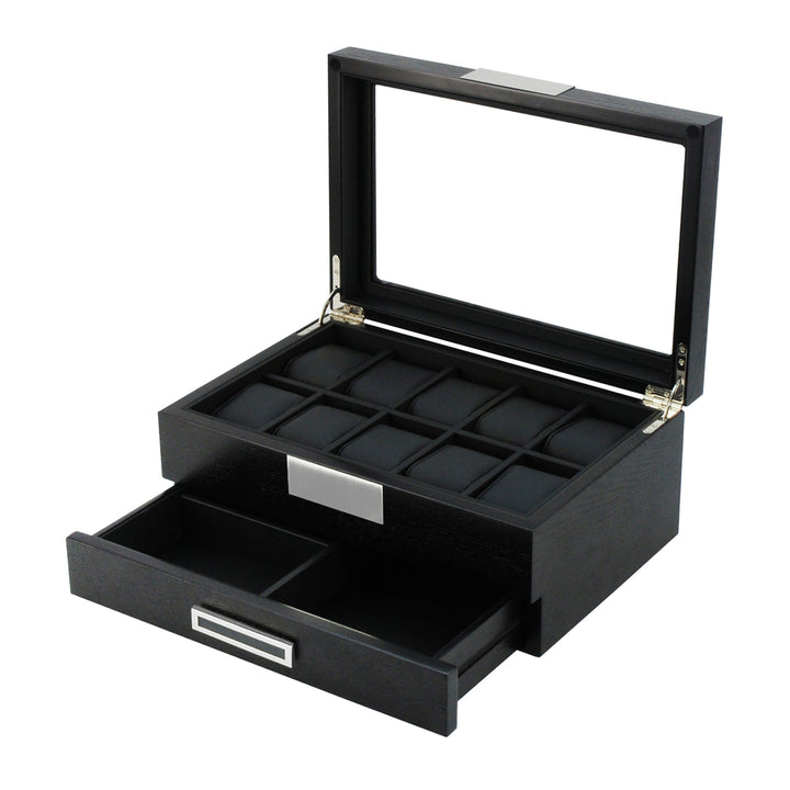 Black Wood Watch Storage Box Organizer with Valet Drawer Image 1