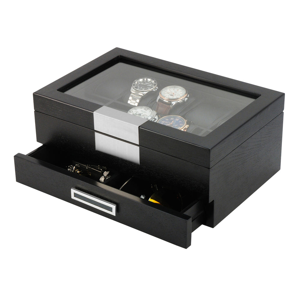 Black Wood Watch Storage Box Organizer with Valet Drawer Image 2