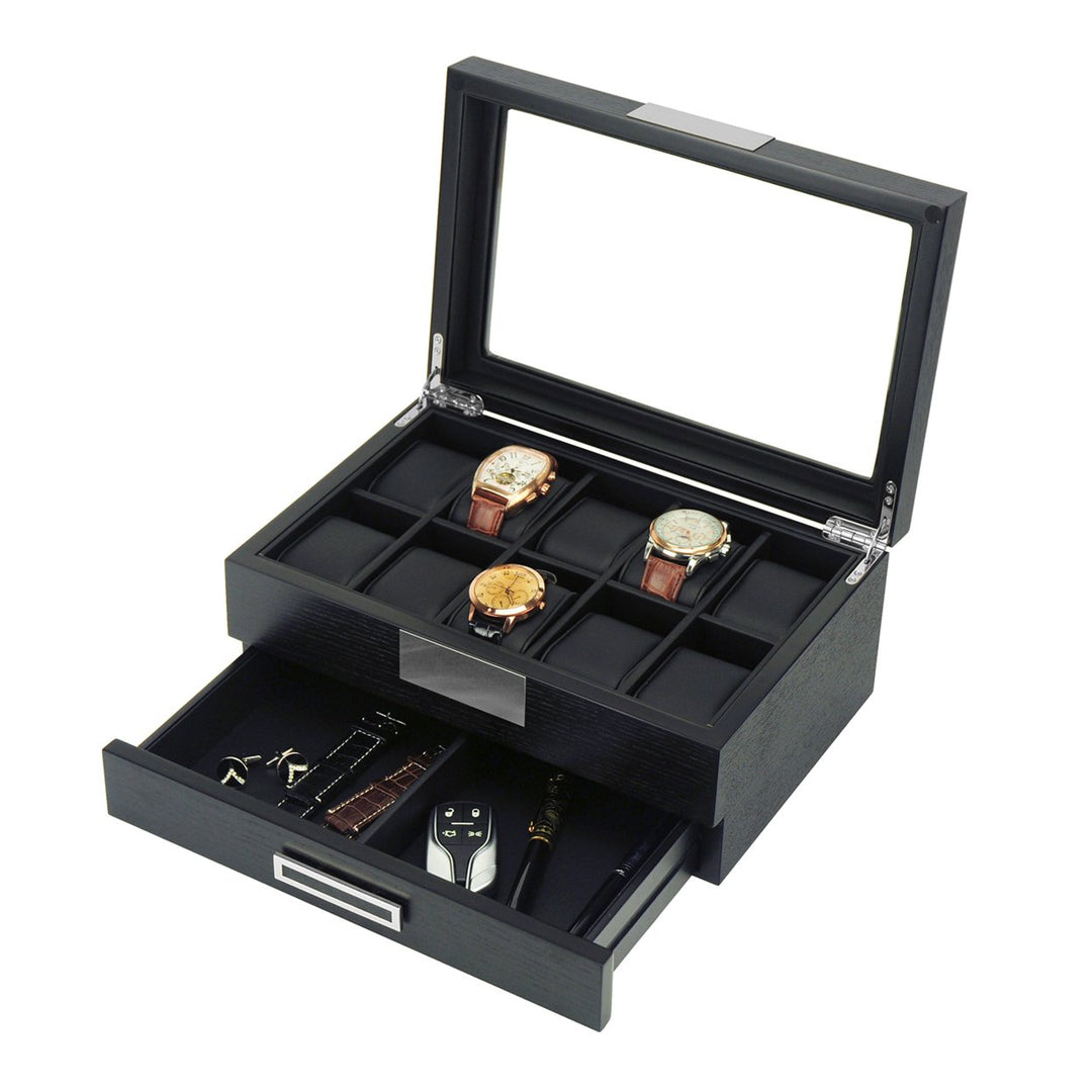 Black Wood Watch Storage Box Organizer with Valet Drawer Image 3