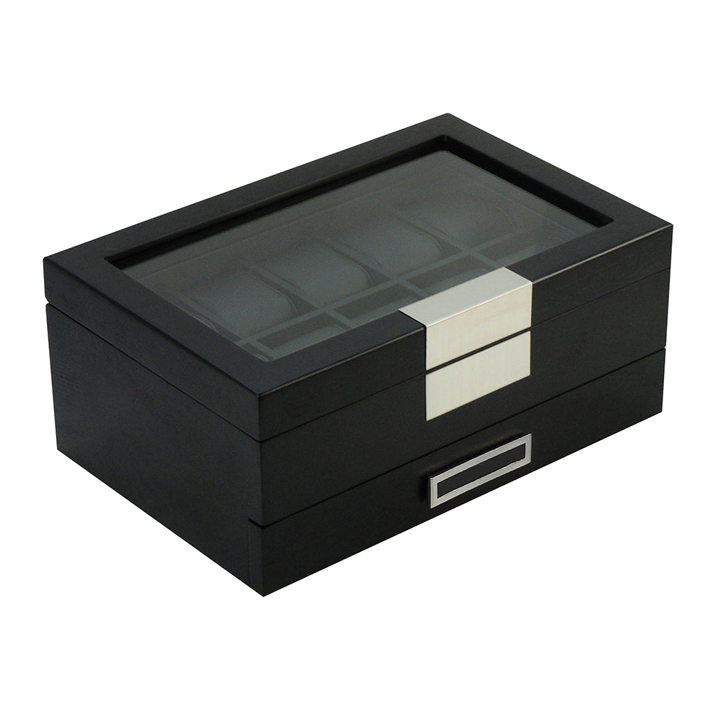 Black Wood Watch Storage Box Organizer with Valet Drawer Image 4