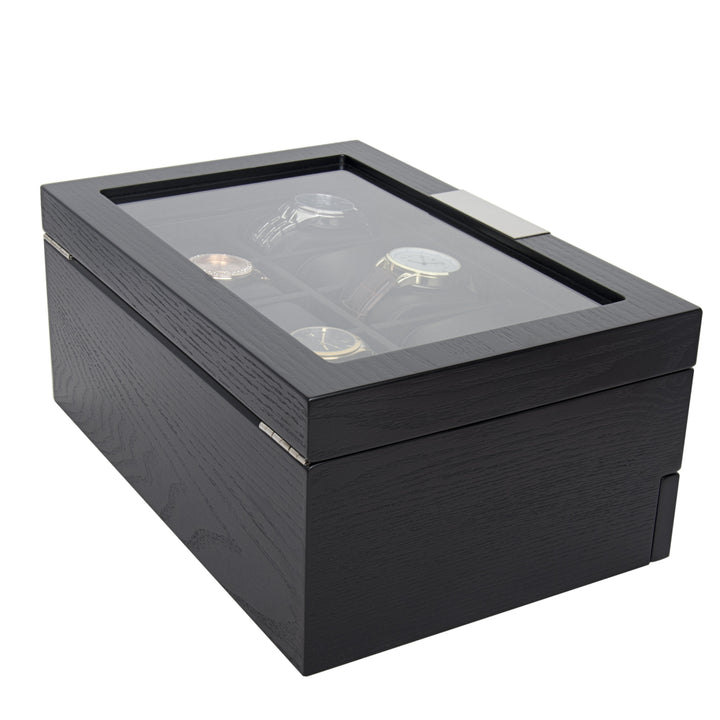 Black Wood Watch Storage Box Organizer with Valet Drawer Image 6