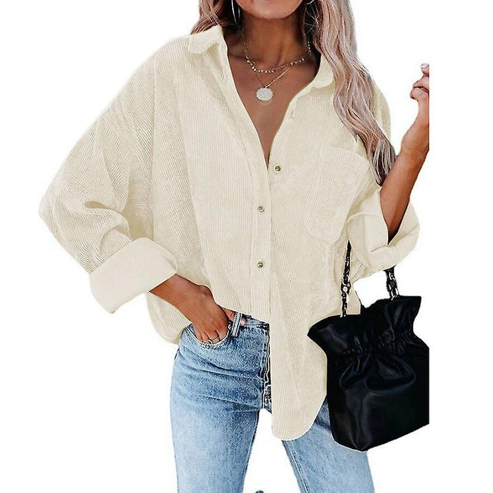 Women Long Sleeve Corduroy Shirt Button Loose Casual Oversize Jacket With Pocket Image 4