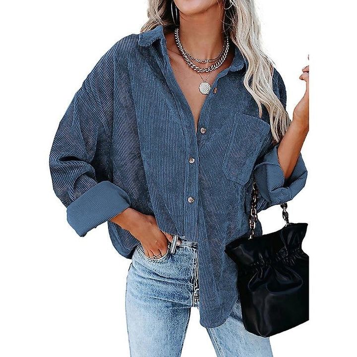 Women Long Sleeve Corduroy Shirt Button Loose Casual Oversize Jacket With Pocket Image 6