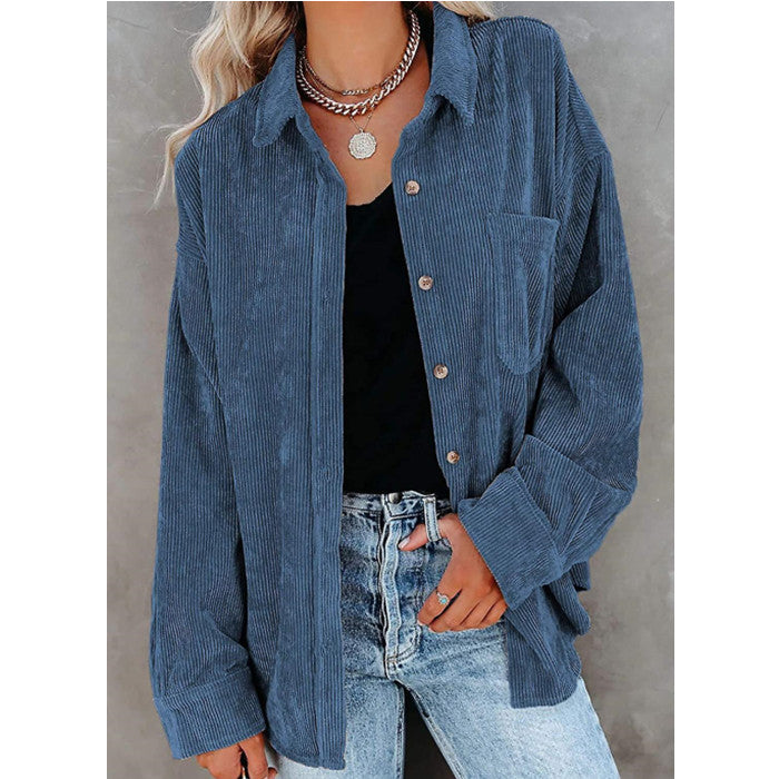 Women Long Sleeve Corduroy Shirt Button Loose Casual Oversize Jacket With Pocket Image 8