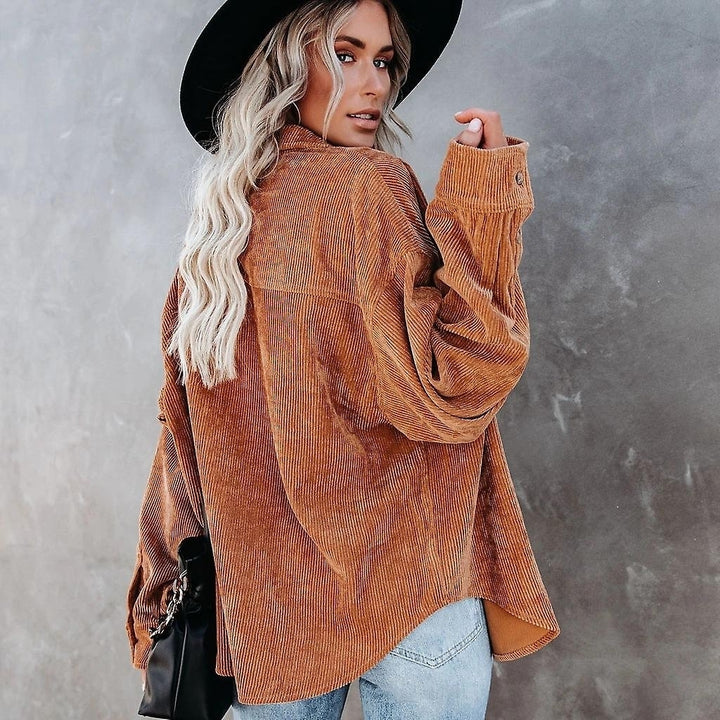 Women Long Sleeve Corduroy Shirt Button Loose Casual Oversize Jacket With Pocket Image 10