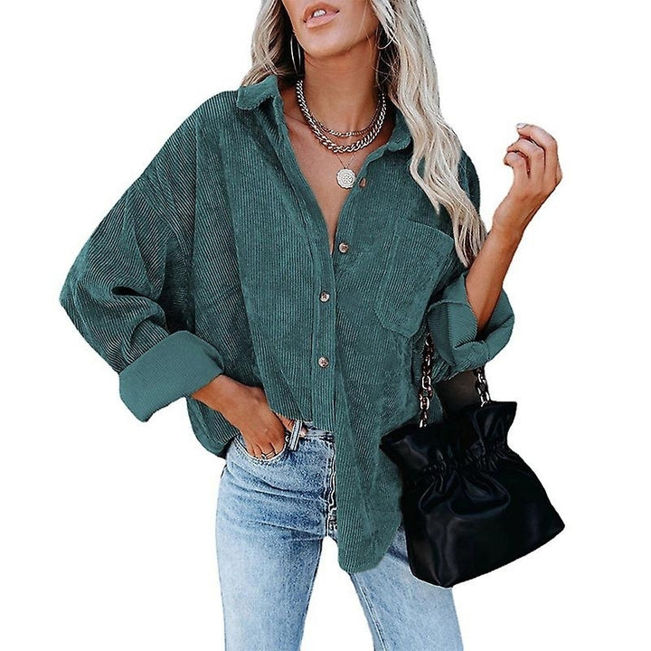 Women Long Sleeve Corduroy Shirt Button Loose Casual Oversize Jacket With Pocket Image 11