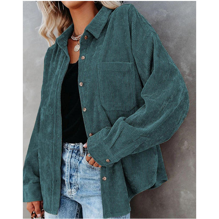 Women Long Sleeve Corduroy Shirt Button Loose Casual Oversize Jacket With Pocket Image 12