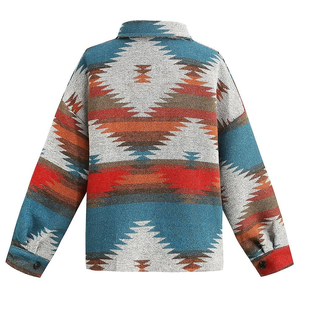 Women Vintage Shirt Aztec Print Long Sleeve Jacket Button Down Lapel Loose Coat Image 2