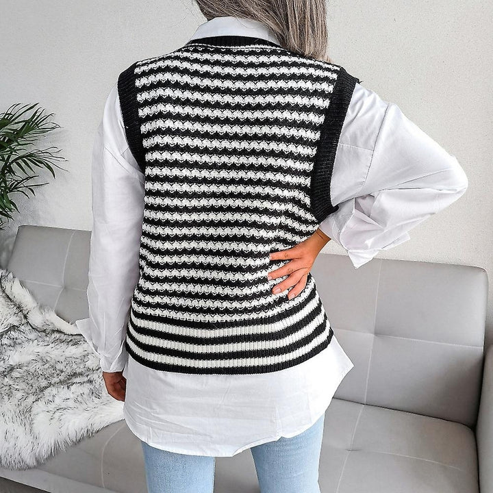 Women Striped Sweater Vest Knitted Sleeveless Casual Pullover Soft V Neck Sweater Image 4