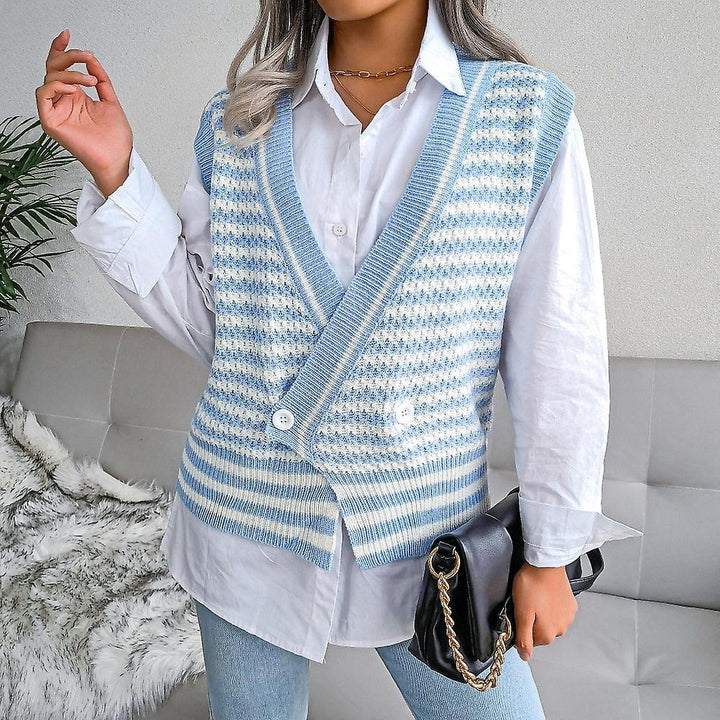 Women Striped Sweater Vest Knitted Sleeveless Casual Pullover Soft V Neck Sweater Image 6