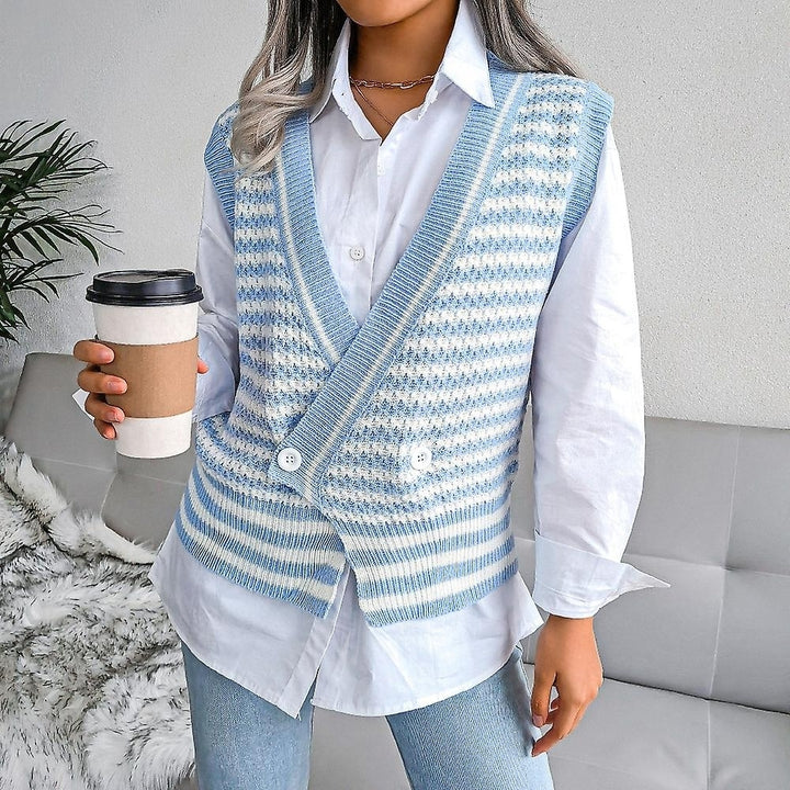 Women Striped Sweater Vest Knitted Sleeveless Casual Pullover Soft V Neck Sweater Image 7