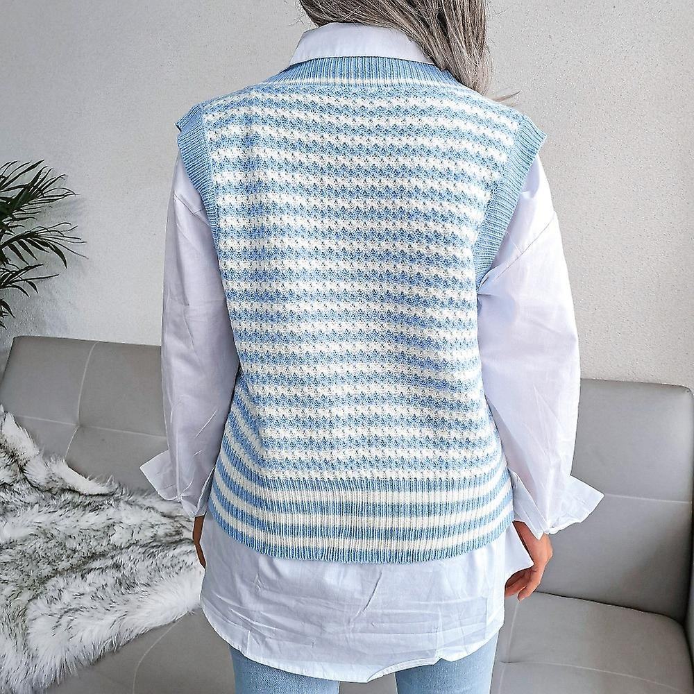 Women Striped Sweater Vest Knitted Sleeveless Casual Pullover Soft V Neck Sweater Image 8