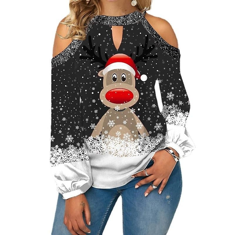Ladies Christmas Elk Printed Top Long Sleeve Sequin Off The Shoulder T Shirt Image 1