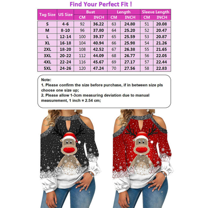 Ladies Christmas Elk Printed Top Long Sleeve Sequin Off The Shoulder T Shirt Image 2