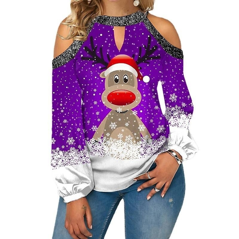 Ladies Christmas Elk Printed Top Long Sleeve Sequin Off The Shoulder T Shirt Image 4